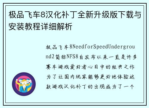 极品飞车8汉化补丁全新升级版下载与安装教程详细解析