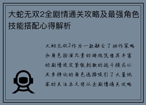 大蛇无双2全剧情通关攻略及最强角色技能搭配心得解析